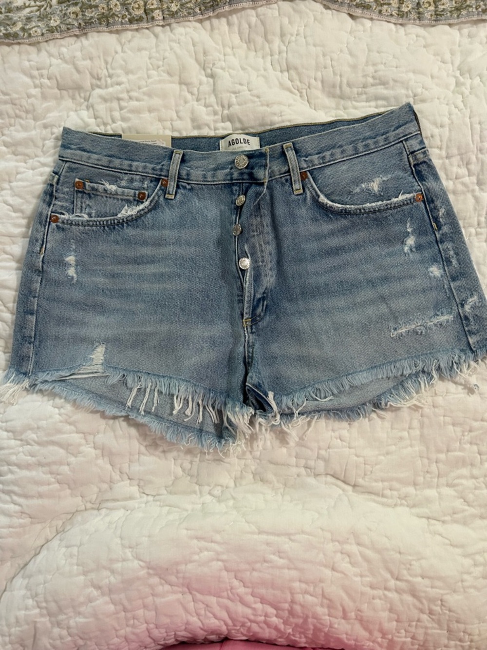 Agolde Light Blue Distressed Button-Front Denim Shorts